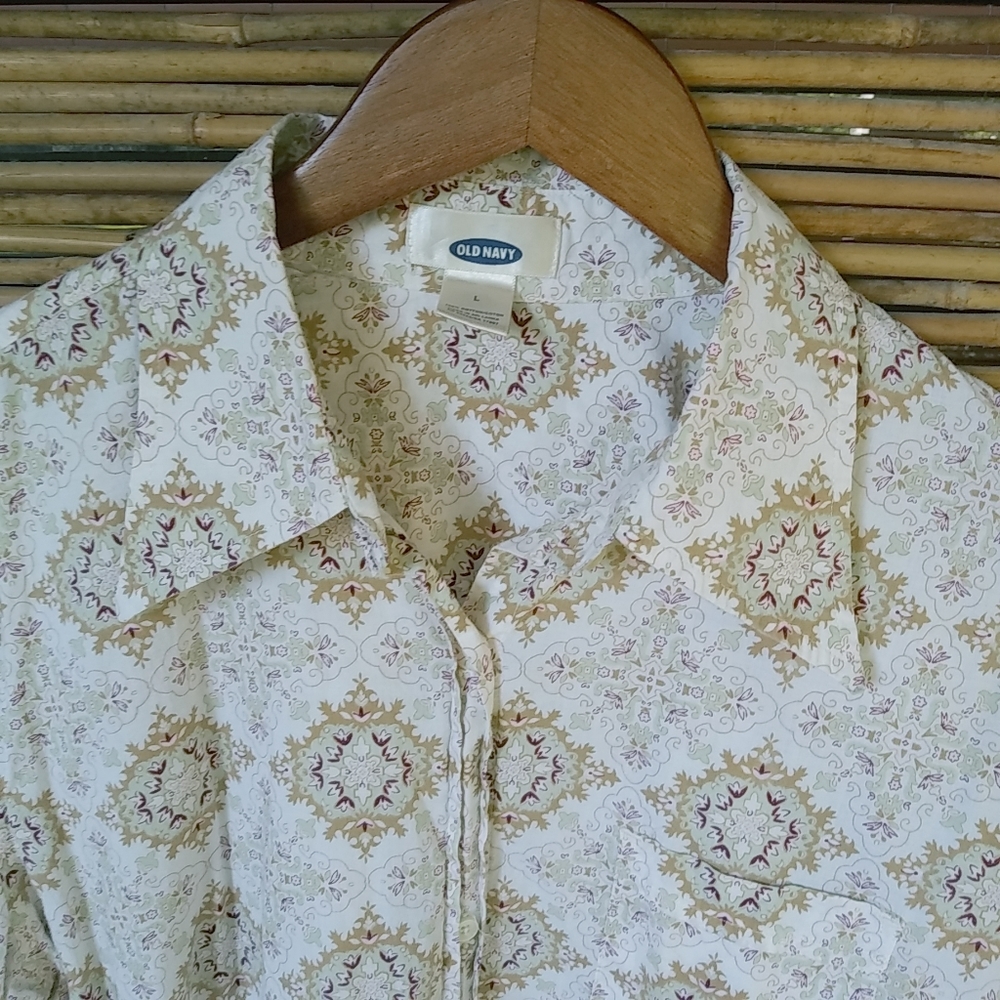 Old Navy L Royal Floral Gold Berry Collared Long Sleeved Cotton Top Workwear - Picture 3 of 8